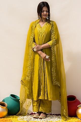 lime malai chanderi hand embroidered kurta set