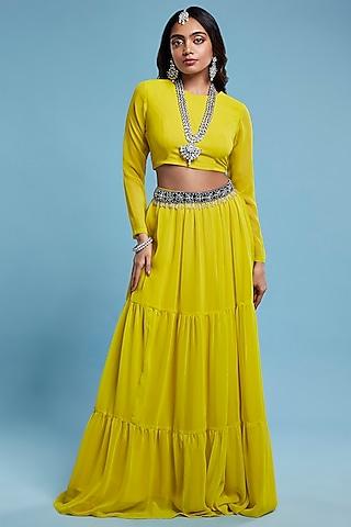 lime recycled polyester tiered lehenga set