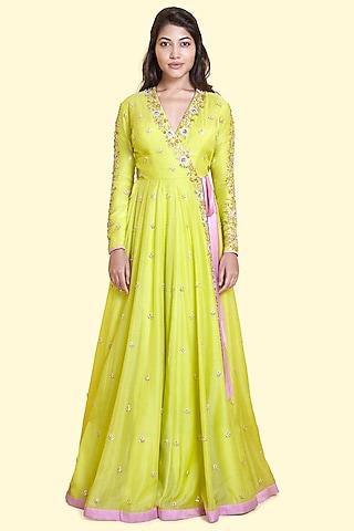 lime silk voile anarkali gown