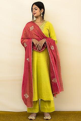 lime tissue embroidered kurta set