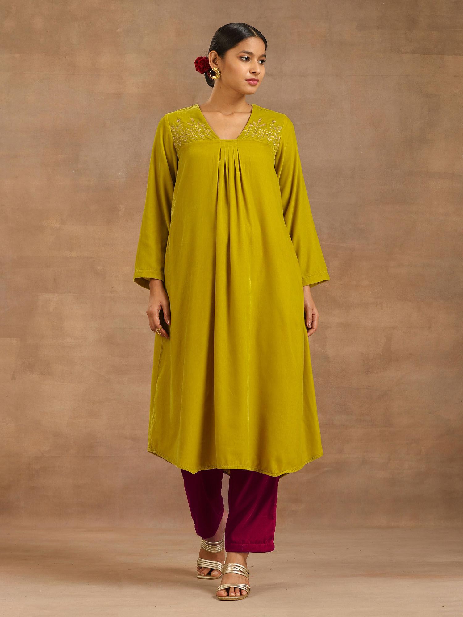 lime velvet yoke embroidered kurta