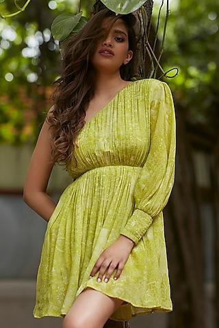 lime viscose georgette one-shoulder mini dress