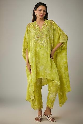 lime viscose silk printed & sequin embroidered kurta set