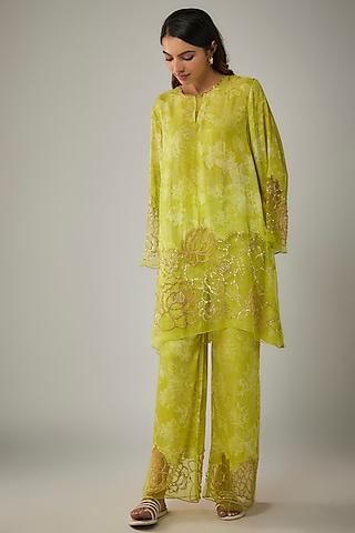 lime viscose silk printed & sequin embroidered kurta set