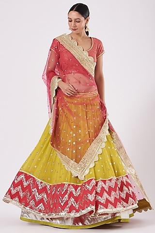 lime yellow & magenta embroidered layered lehenga set