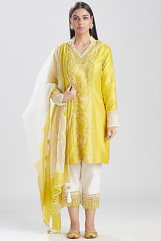 lime yellow & white embroidered kurta set