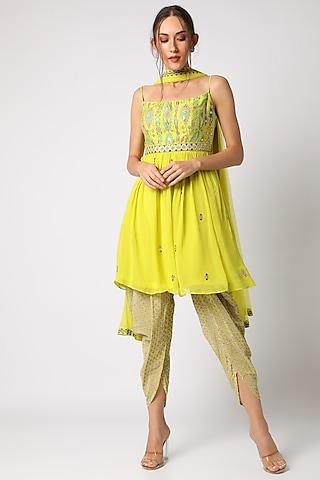 lime yellow block printed & hand embellished kurta set