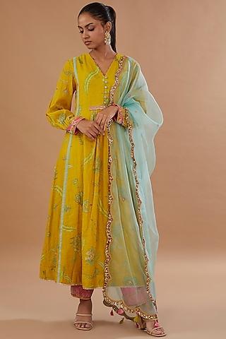 lime yellow chanderi tissue printed & embroidered kurta set