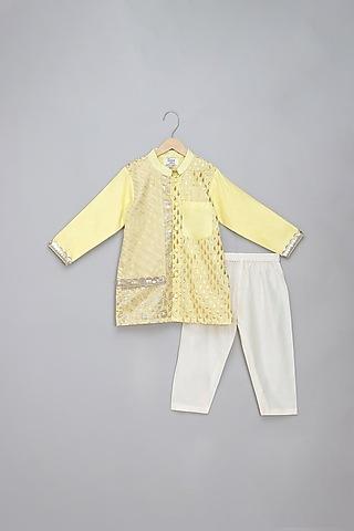 lime yellow cotton gota embellished kurta set for boys