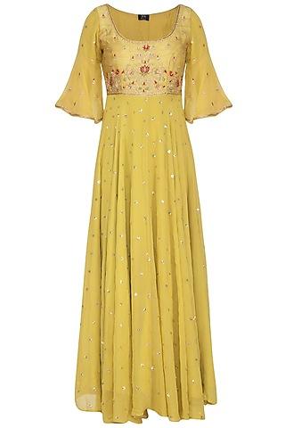 lime yellow embroidered anarkali set