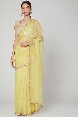 lime yellow embroidered saree set
