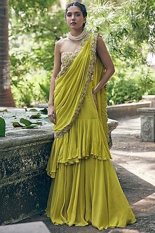 lime yellow georgette hand embroidered pre-draped saree set