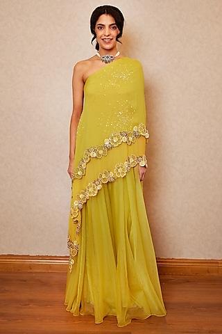 lime yellow georgette sequins embroidered one-shoulder cape set