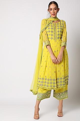lime yellow hand embellished & block printed kurta set