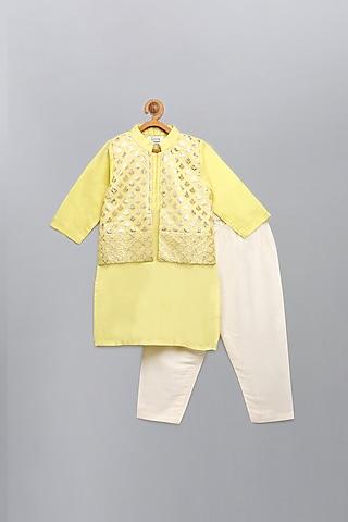 lime yellow kurta set with attached jacket set for boys