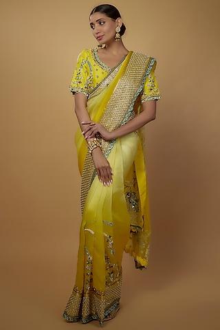 lime yellow ombre raw silk & handloom organza embellished saree set