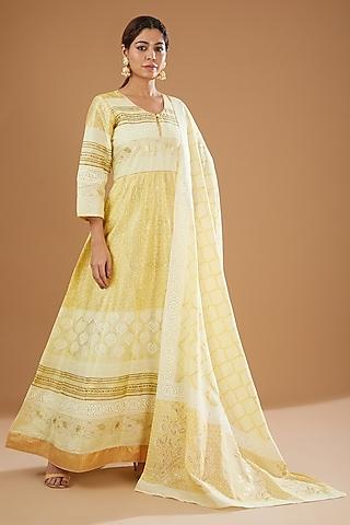 lime yellow printed anarkali set