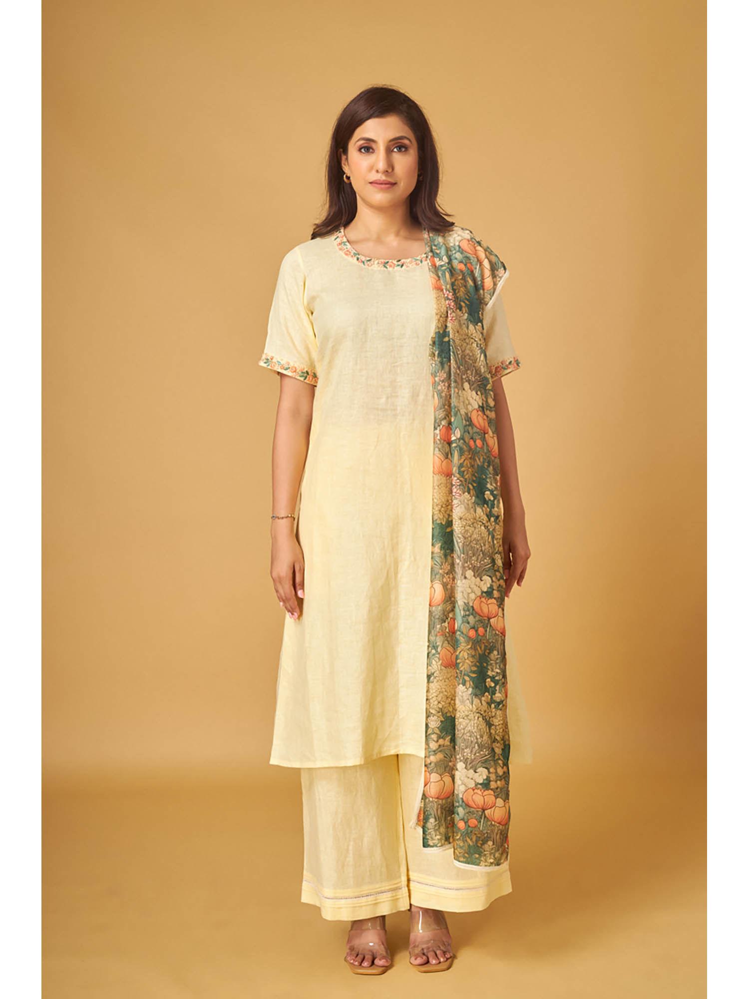 lime yellow pure linen embroidered kurta and pant with dupatta (set of 3)