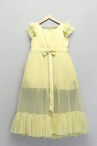 lime yellow satin & silk frilled layered dress for girls