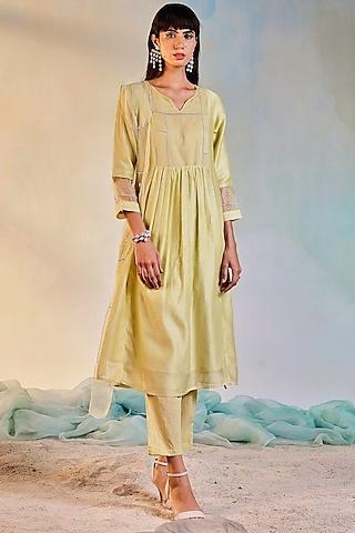 lime yellow sequins embroidered kurta set