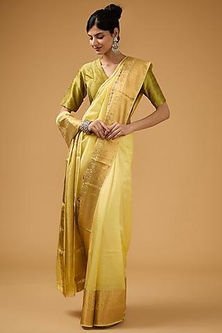 lime yellow silk floral motif embroidered saree set