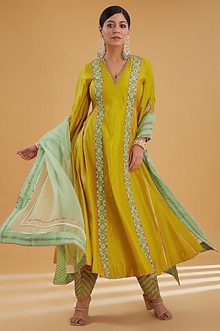 lime yellow silk hand embroidered kalidar kurta set
