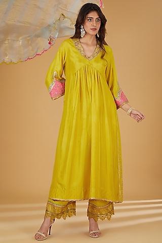 lime yellow silk hand embroidered kurta set