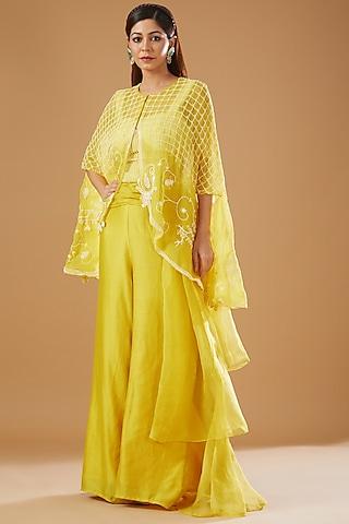 lime yellow silk organza embroidered cape set
