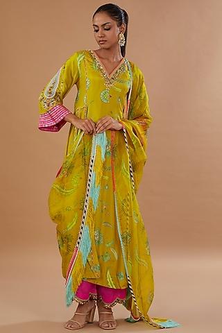 lime yellow silk printed & embroidered kurta set