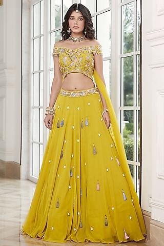 lime yellow viscose organza shell embroidered lehenga set