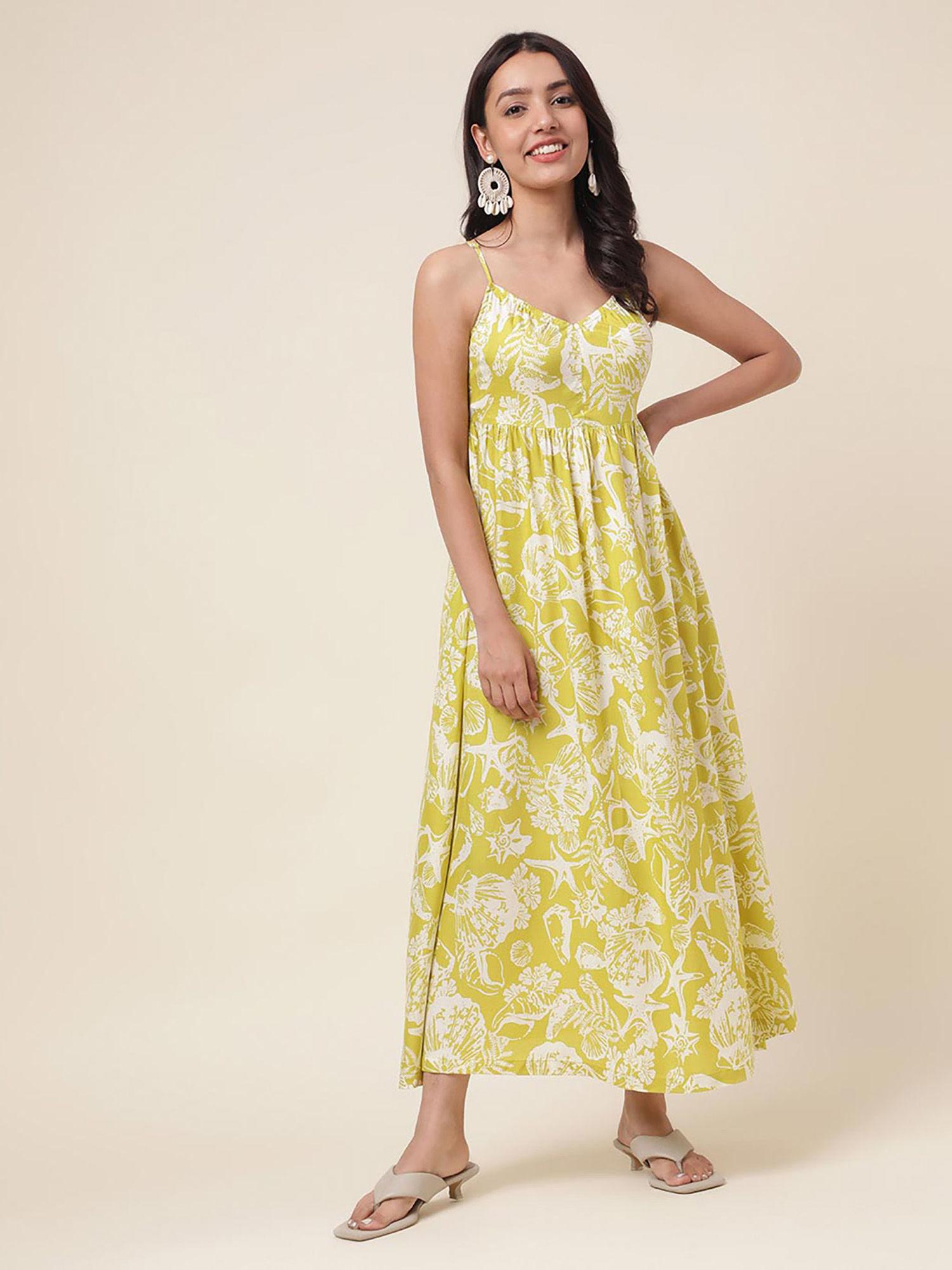 lime yellow viscose printed women maxi dress