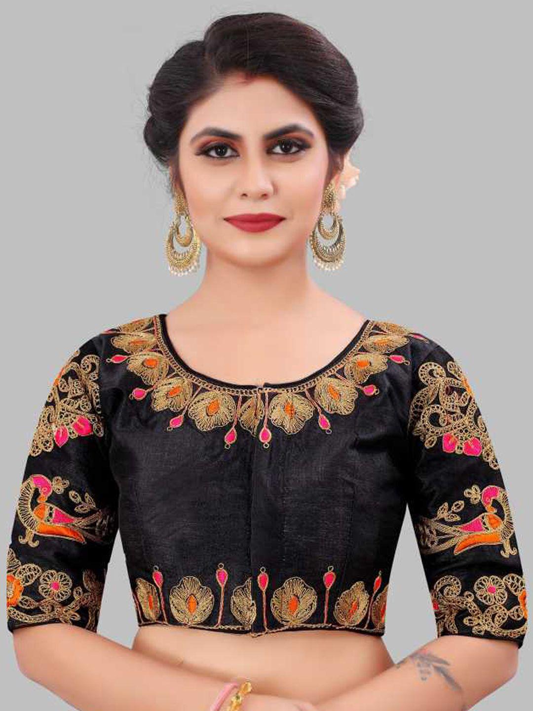 linaro lifestyles women black & orange embroidered ready-made saree blouse