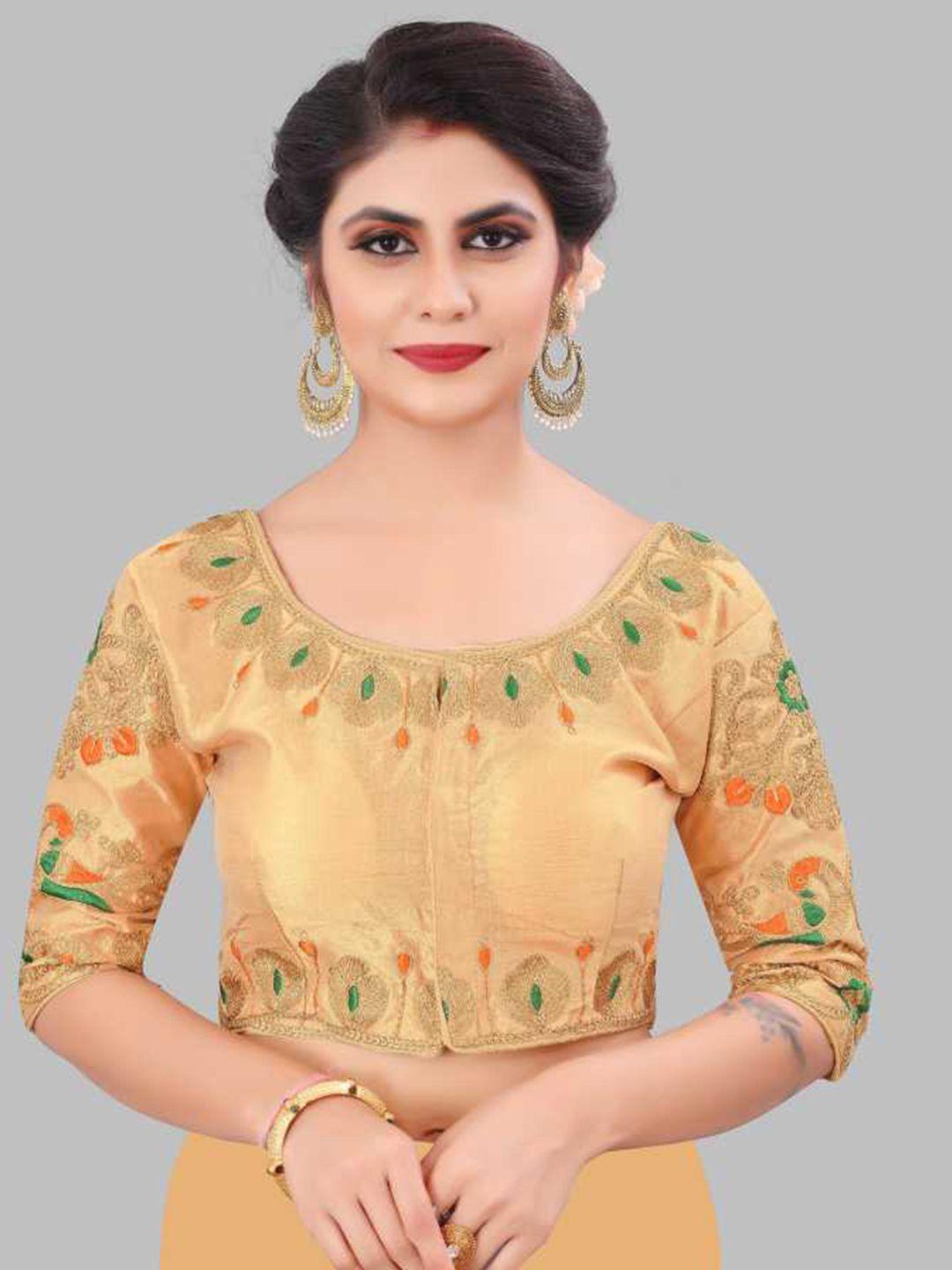 linaro lifestyles women gold & green embroidered ready-made saree blouse