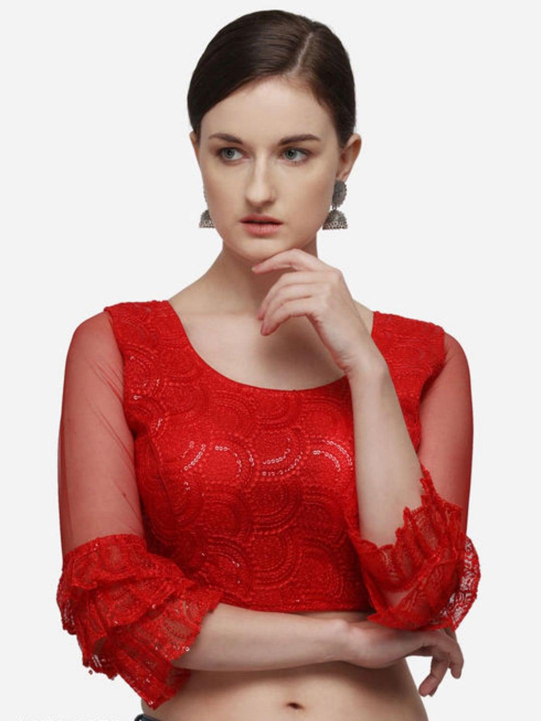 linaro lifestyles women red printed saree frill blouse