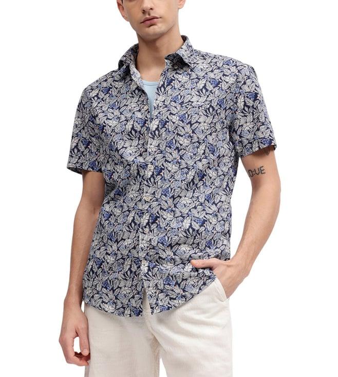 lindbergh blue fashion printed regular fit shirt