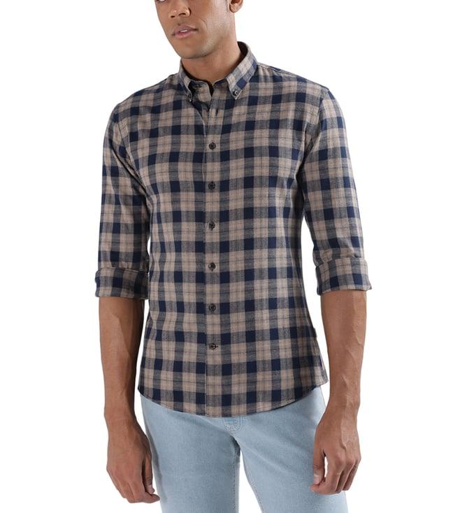 lindbergh brown checked slim fit shirt