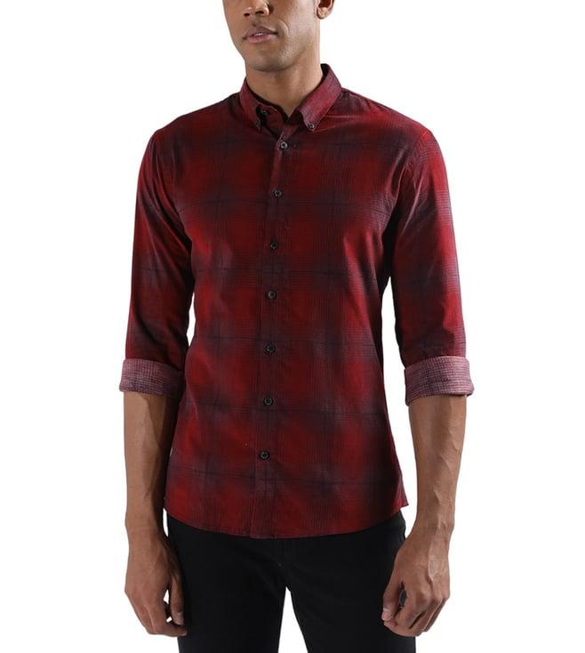 lindbergh burgundy checked slim fit shirt