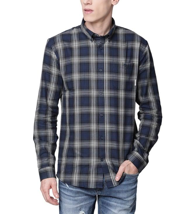 lindbergh dark blue fashion checked slim fit shirt