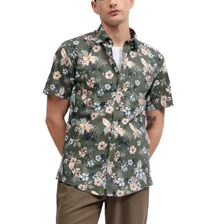 lindbergh green fashion floral print regular fit shirt