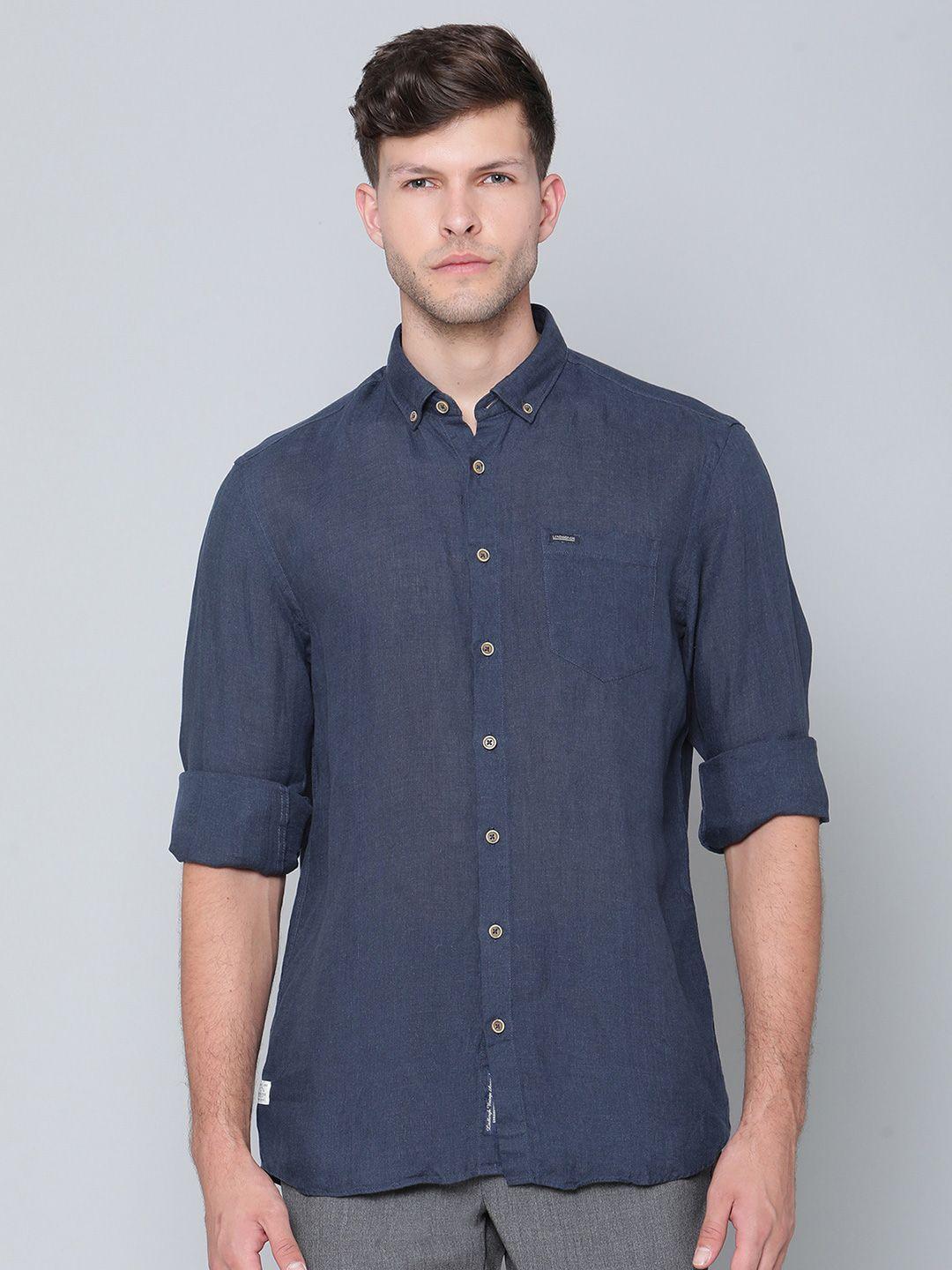 lindbergh men navy blue slim fit linen casual shirt