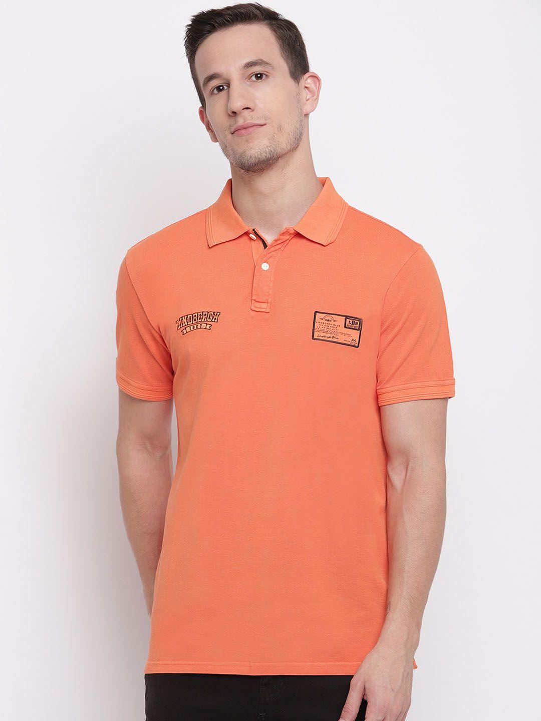 lindbergh men orange solid polo collar t-shirt
