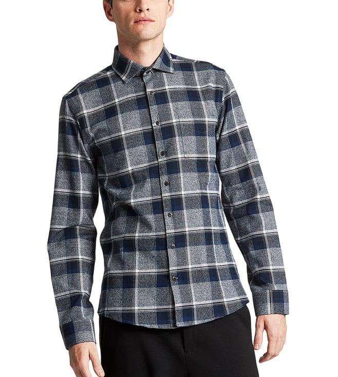 lindbergh navy blue checked slim fit shirt