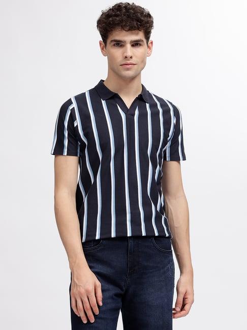 lindbergh navy slim fit striped cotton polo t-shirt