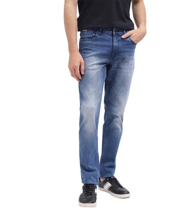 lindbergh tapered mid blue heavily washed mid rise jeans