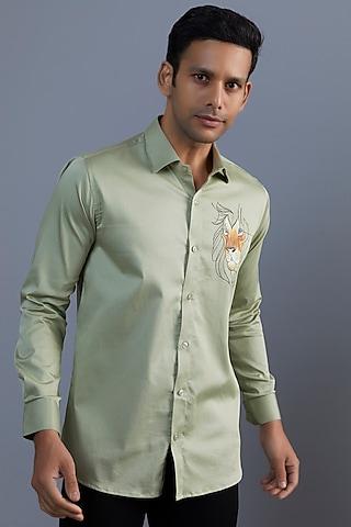 line art lion sage green premium giza cotton blend hand painted shirt