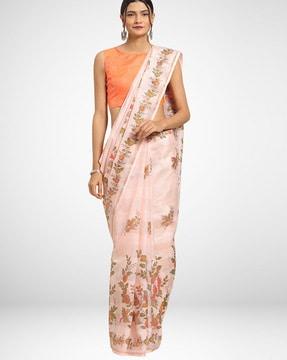 linen blend saree with unstitched blouse