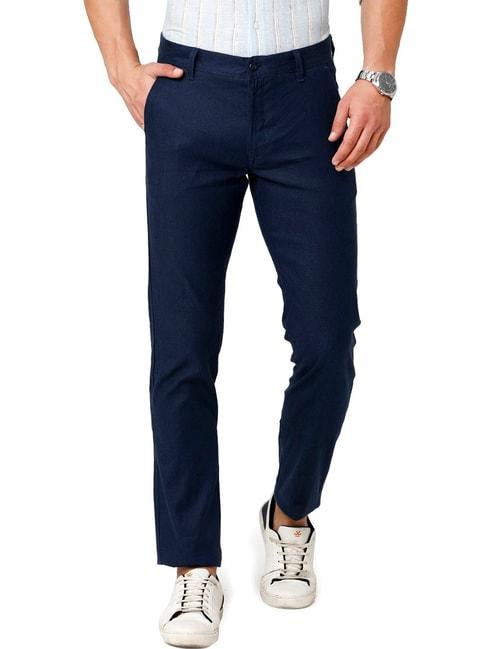 linen club blue linen slim fit trousers