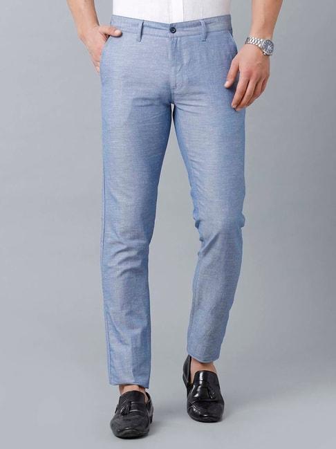 linen club blue regular fit flat front trousers