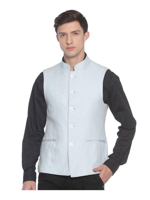 linen club blue regular fit nehru jacket