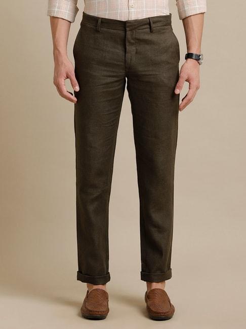 linen club dark brown regular fit linen flat front trousers